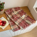Plaid tassel scarf in red grey and cream white with soft knit texture and fringe - 60x180cm / Pink