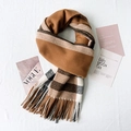Plaid cashmere-like scarf with fringe in camel and brown earthy tones for winter - Brown