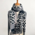 Classic leopard print scarf for women featuring fringe edges and elegant gray tones - Gray