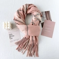 Pink and white plaid checkered scarf with fringe tassels for winter warmth - Long Tassel Style / Pink