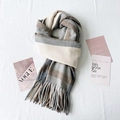 Thick checkered scarf with soft tassels in beige, brown, and grey plaid stripes - Gray Blue
