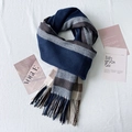 Thick navy blue and coffee brown plaid scarf with tassels in soft imitation cashmere - Navy Blue