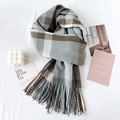 Classic plaid scarf in grey, white, and brown with soft tassels and thick texture - 67x180cm / Gray Blue