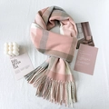 Pink gray and white plaid pashmina scarf with long fringes for women autumn winter warm - 67x180cm / Pink