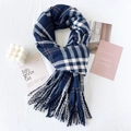 Navy blue checkered fringe scarf with white and brown plaid patterns in soft cashmere-feel - 180x67cm / Blue