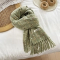 Weicher hellgrüner karierter Strickschal mit orangen Streifen und Fransen-Details - 180cmx65cm / Grasgrün