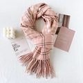 Pink and white plaid cashmere-like scarf with fringe tassels on a textured background - 180x67cm / Pink