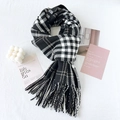Classic black and white plaid scarf with fringe, soft cashmere-like warm winter shawl - 180x67cm / Black
