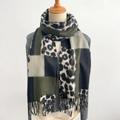 Chic leopard print color-block scarf with tassels in army green and grey tones - Army Green