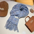 Blue plaid cashmere-like scarf with yellow and white checks and fringe trim - 180cmx65cm / Fog Blue