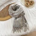 Soft plaid cashmere-like scarf in light grey with yellow accents and long tassels - 180cmx65cm / Light Gray