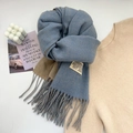 Dual-sided grey-blue and khaki imitation cashmere scarf with fringes and 2025 label - Gray Blue