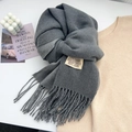 Deep gray faux cashmere tassel scarf with woven brand label for winter warmth - Medium Grey