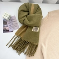 Olive green and khaki double-sided cashmere scarf with tassels and woven label - Mustard Green