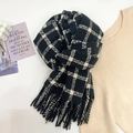 Classic black and white plaid scarf with fine fringe on a clean white background - Medium-Long Style / Black (FXH202)