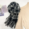 Classic black and white plaid tassel scarf in thick faux cashmere for winter warmth - Plaid Tassels (FXH201-Black) / Black