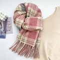 Pink and beige checkered scarf with tassels for winter warmth and soft texture - Pink