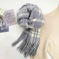 Winter gray and white plaid scarf with fringe tassels made of thick soft faux cashmere - Plaid Tassels (FXH201-Purple) / Purple
