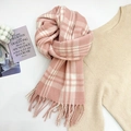 Pink and white checkered cashmere-feel scarf with elegant long tassels and soft knit texture - Plaid Tassels (FXH201-Pink) / Pink