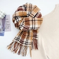 Classic plaid scarf in deep brown and caramel tones with soft fringe details - Yellow Coffee