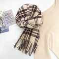 Plaid cashmere-like scarf in beige and dark coffee with tassel fringe detail - Plaid Tassels (FXH201-Coffee) / Brown