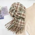 Soft plaid scarf in green, cream, and red tones with long fringe for autumn and winter - Green & Coffee