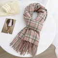 Pink and soft green plaid scarf with fringe detail, cozy pastel check shawl for winter - 65x180cm / Pink (FXH182)