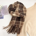 Plaid tassel scarf in tan and brown check pattern styled with a beige knit sweater - Brown