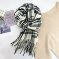 Classic black and white checkered scarf with fringe tassels for winter warmth - White
