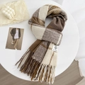 Earth tone plaid scarf in brown and cream with fringe and minimalist brand label - 180x60cm / Khaki