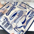 French style square silk scarf with navy blue sailing print and striped edge detail - 68*68cm / Blue