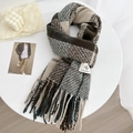 Brown and grey checkered knit scarf with tassels on a minimalist white display base - 180x60cm / Gray