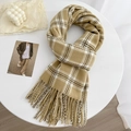 Chic khaki plaid tassel scarf made of thick warm material for a Korean autumn look - Khaki