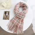 Pink and white checkered scarf with soft tassels for women, sweet Korean style winter wear - Pink