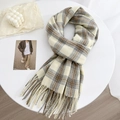 Écharpe à carreaux style coréen gris et beige avec détails de franges douces - Blanc Cassé