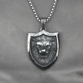 Retro lion head shield pendant necklace in vintage silver finish with a box chain style - Pendant + Matching Chain