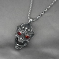Vintage silver skull pendant necklace with red eye stones and punk gothic engraving - Pendant + Matching Chain