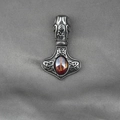 Vintage Viking Mjölnir hammer pendant in distressed silver steel with a red stone center - Pendant Only (No Chain)