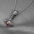 Vintage Viking Thor's Hammer necklace in retro steel with tiger eye stone inlay - Pendant + Matching Chain