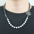 Men's fashion necklace featuring half grey Cuban links, white pearls, and a rudder pendant - Rudder Pendant Artificial Pearl Splicing Style / White