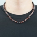 Men's fashion red tiger eye bead necklace with silver metal spacers on black shirt - Red Tiger Eye Beaded Style / Brown