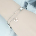 Elegante bracciale a doppio strato in acciaio al titanio argento con farfalla e perle - Argento