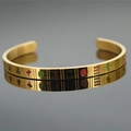 Golden mahjong-themed titanium steel open bangle featuring red and green carved tiles - Mahjong Pattern Style A
