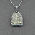 Retro stainless steel necklace with Buddha pendant on textured grey fabric background - Mahasthamaprapta Pendant with Chain