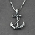 Vintage stainless steel anchor pendant necklace with rope detail on a long square chain - Steel Color Pendant with Necklace