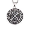 Vintage Viking compass pendant in silver steel with Nordic runes on a pearl chain - Pendant + Matching Chain