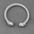 Punk style silver twisted cable open cuff bracelet with vintage embossed end caps - Silver Bangle
