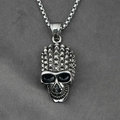 Punk style skull pendant necklace with silver mohawk spikes on a stainless steel box chain - Pendant and Shown Chain