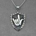 Retro stainless steel shield pendant necklace featuring rock sign gesture relief design - Silver Pendant Necklace (w2430) / Silver Style