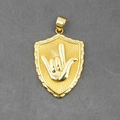 Golden shield pendant necklace with I Love You hand gesture and radiating texture - Gold Style